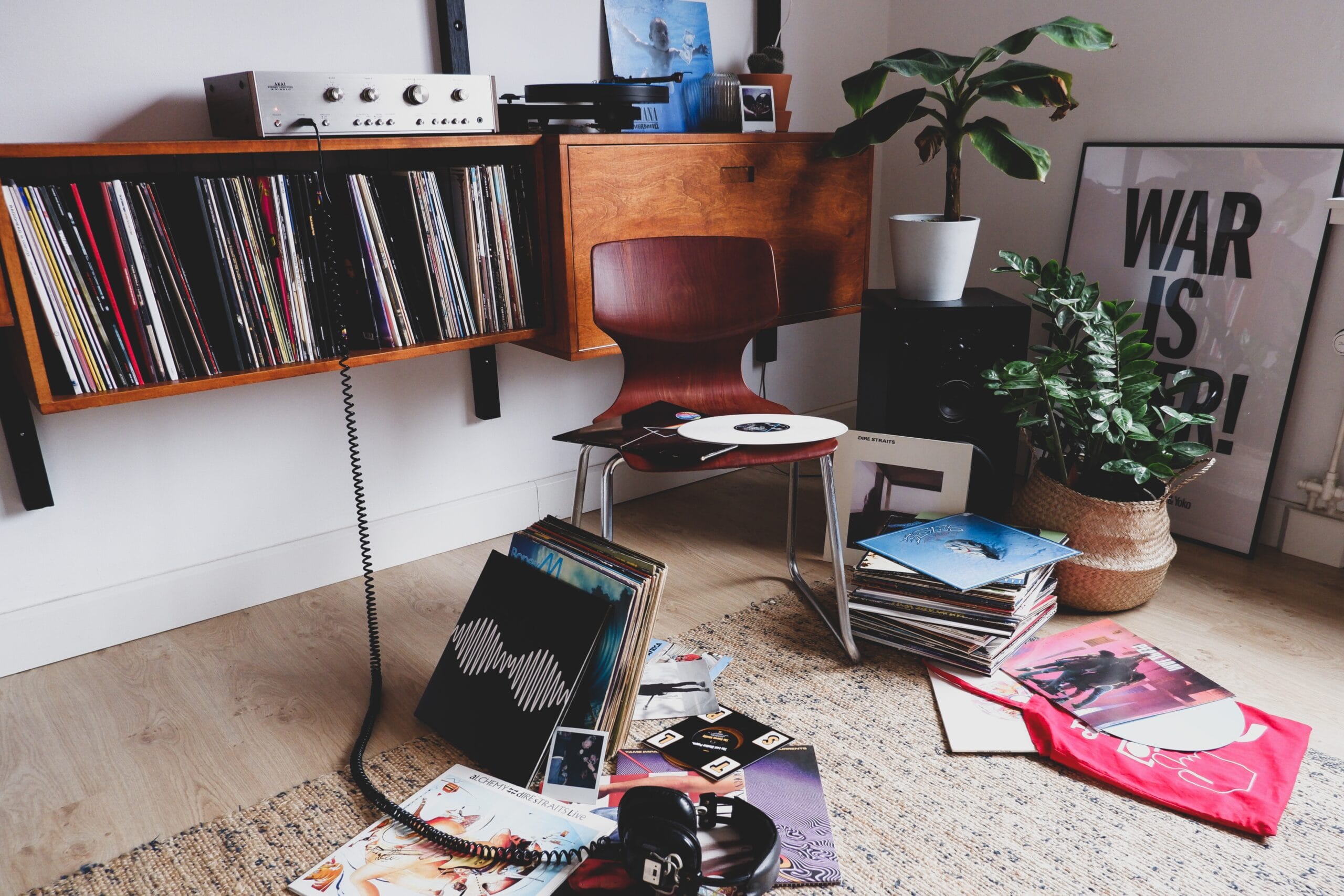 a room with Vinyl Records and turntable