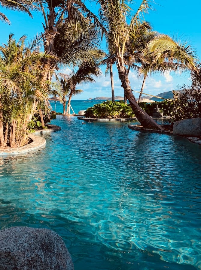 a tropical pool with trees on the side, illustrating slow travel