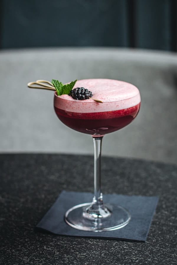 a red cocktail with blueberry