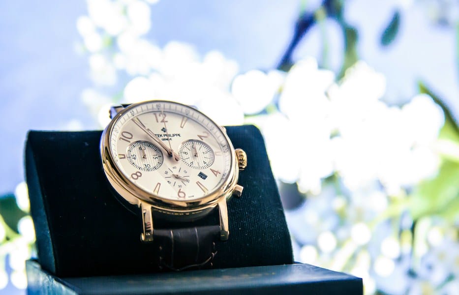 a luxury watch in display in box